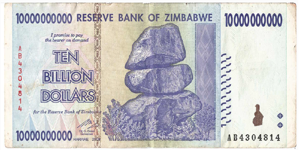 An illustration of inflation - Reserve Bank of Zimbabwe 10,000,000,000 (ten billion) Dollar note from 2008