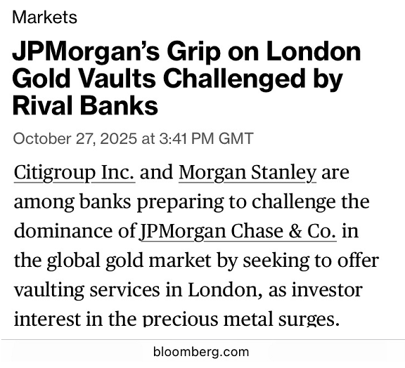 Another Bloomberg headline, this time about Citigroup and Morgan Stanley wanting a share of J.P.Morgan and HSBC's dominance in the gold market