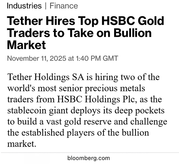 Bloomberg headline about Tether hiring HSBC's top gold traders