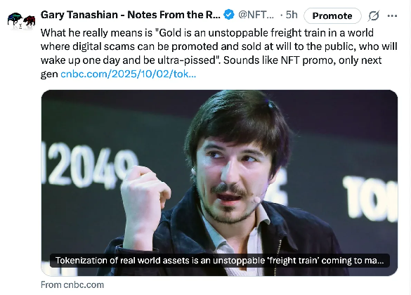 A speaker at a conference discusses the tokenization of real-world assets, emphasizing its unstoppable nature, with a future date displayed in the background