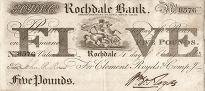 Five Pound note issued by the Rochdale Bank in 1863