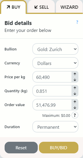 User Interface Account BullionVault