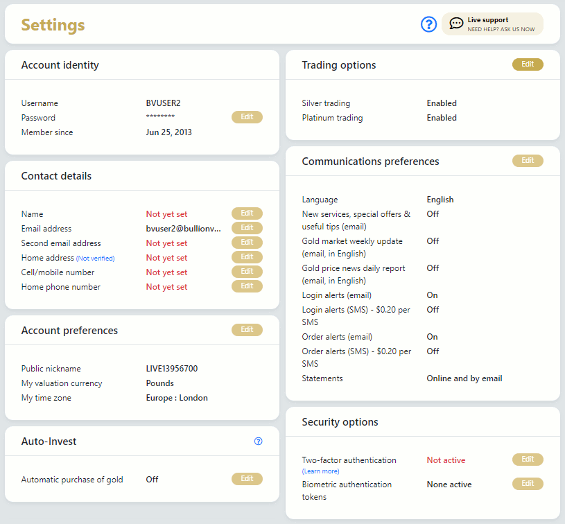 Access Your Account Settings In Brief BullionVault