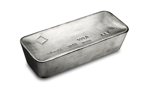 1,000 troy ounce (32kg) Good Delivery wholesale silver bar cast by Valcambi 1,000 troy ounce (32kg) Good Delivery wholesale silver bar cast by Valcambi